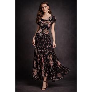 VTG 90s Beaded Floral Hankercheif Dark Romantic Maxi Dress Whimsygoth M